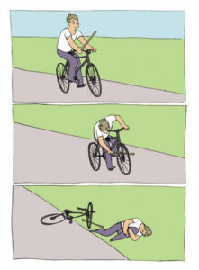 meme caindo da bike trava na escala